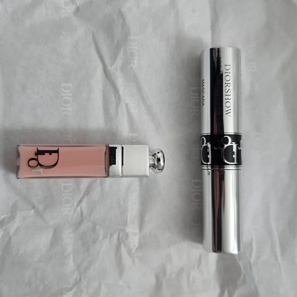 NEW Dior Denim Cosmetic Bag Blue with Dior Addict Lip Maximizer and Diorshow Mas
